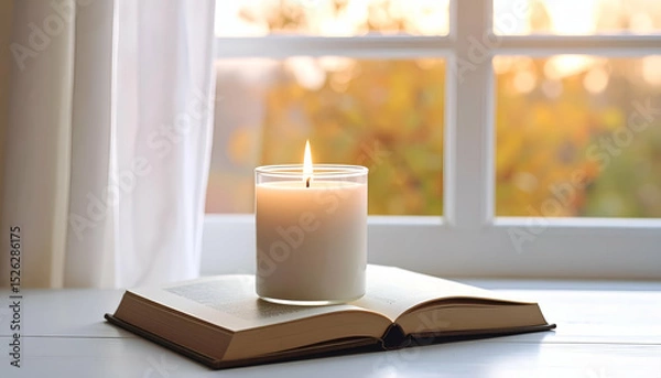 Fototapeta Serene Still Life with Candle and Book by Window in Soft Light
