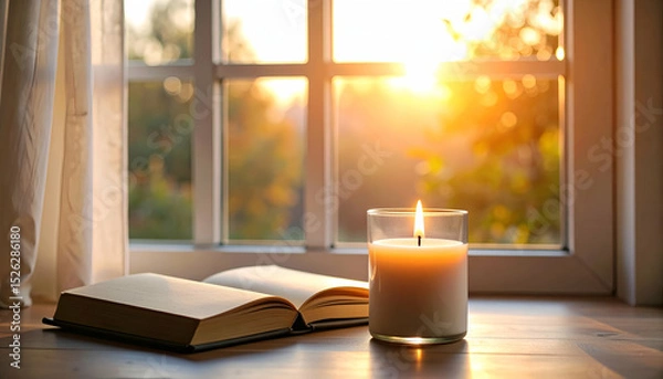 Fototapeta Serene Still Life with Candle and Open Book by Window Light