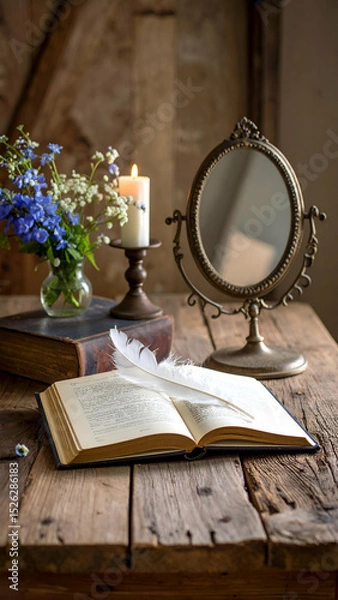 Fototapeta Introspective Still Life with Open Book, Candle, and Mirror