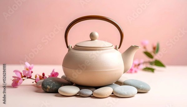 Fototapeta Serene Teapot with Tranquil Stones and Blossoms on Soft Background