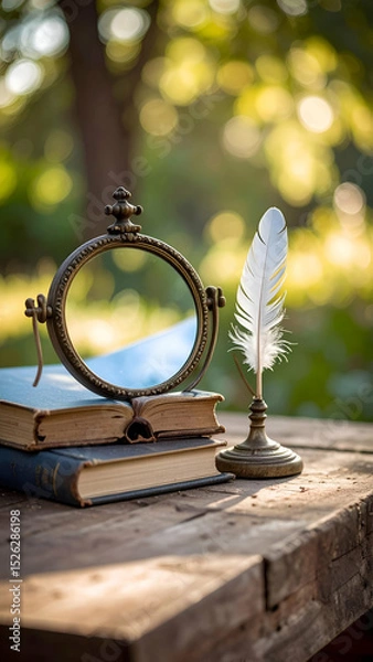 Fototapeta Introspective Still Life with Books, Feather Quill, and Mirror