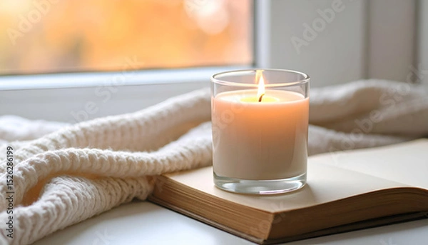 Fototapeta Solitary Candle on Open Book with Cozy Background Ambiance
