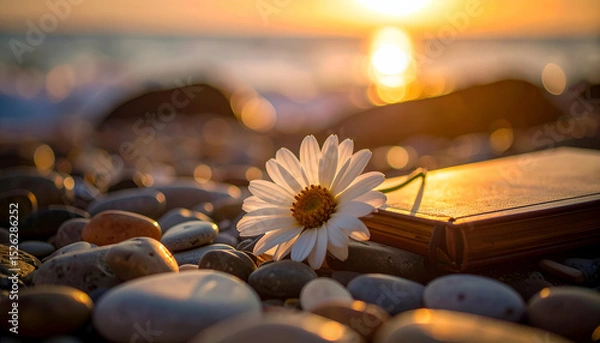 Fototapeta Serene Still Life Capturing Calmness with Flower and Book at Sunset
