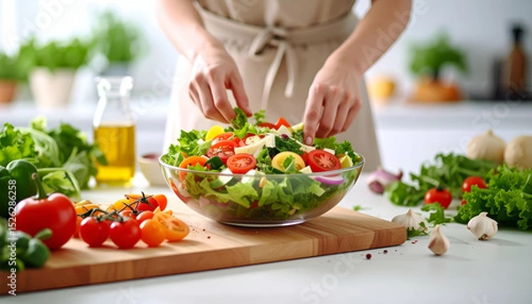 Fototapeta Engaging Still Life Photography of Hands Preparing Colorful Salad