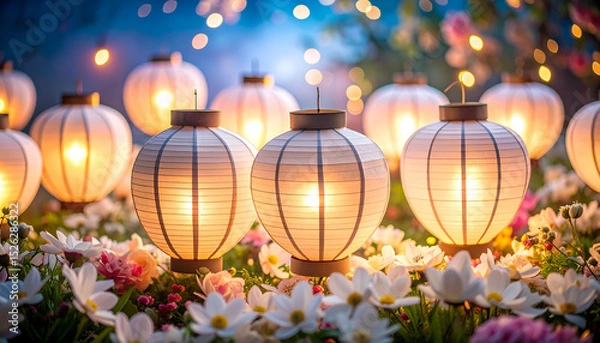 Fototapeta Enchanting Still Life of Paper Lanterns Illuminated in Floral Setting