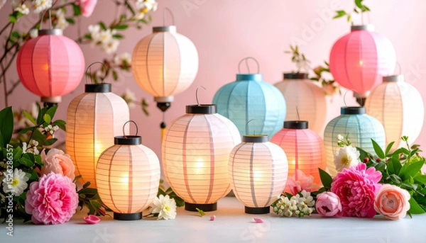 Fototapeta Beautiful Still Life Arrangement of Colorful Lit Paper Lanterns