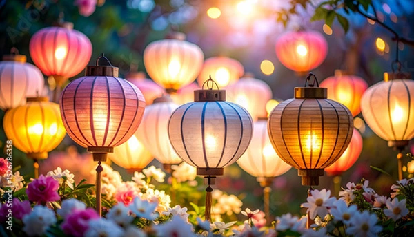 Fototapeta Enchanting Still Life Photography of Colorful Paper Lanterns at Dusk