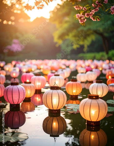 Fototapeta Artistic Photography of Pastel Paper Lanterns Reflected in Water