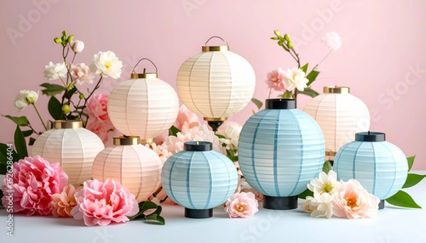 Fototapeta Beautiful Still Life Arrangement of Lit Paper Lanterns and Flowers