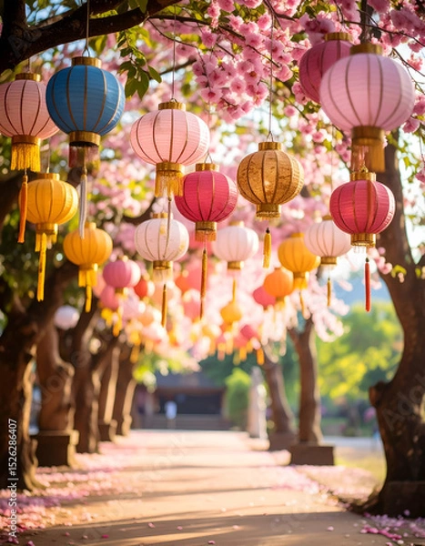 Fototapeta Serene Temple Scene with Colorful Lanterns and Blossoming Trees
