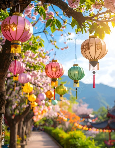 Fototapeta Serene Temple View Enhances Tourism Experience with Colorful Lanterns