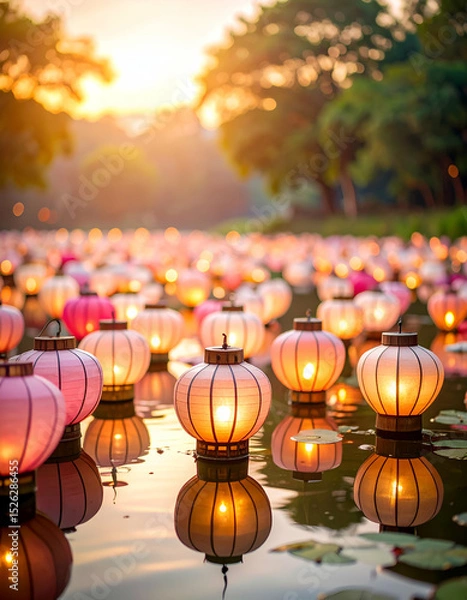 Fototapeta Enchanting Obon Festival Lanterns Reflecting on Serene Water Surface