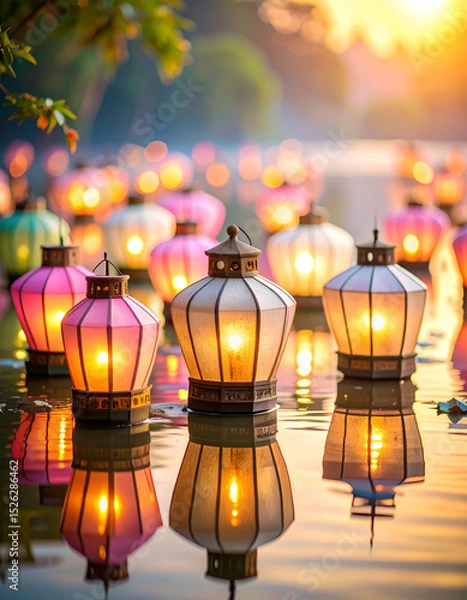 Fototapeta Enchanting Lanterns at Obon Festival Reflected in Still Water