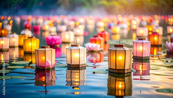 Fototapeta Colorful Festival Lanterns Floating on Still Water During Obon Celebration