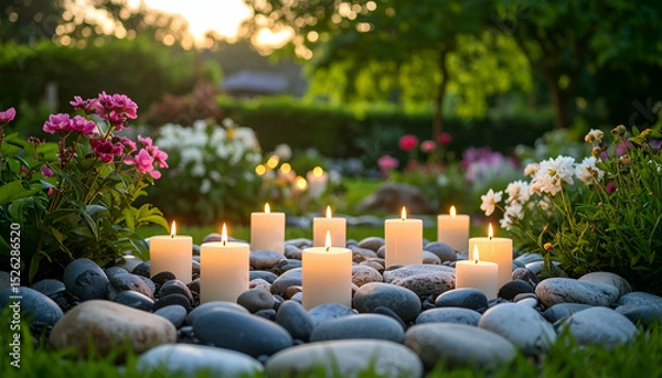 Fototapeta Serene Garden Setup with Candles for a Tranquil Ritual Experience