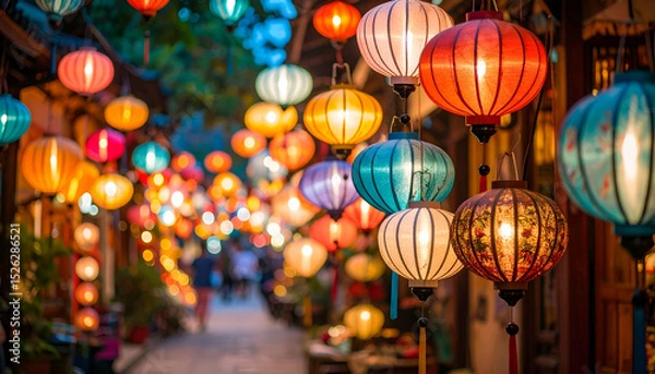 Fototapeta Vibrant Still Life Scene with Glowing Lanterns in Colorful Streets