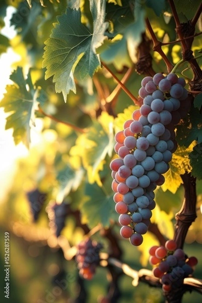 Fototapeta Grape vine branch with rich foliage and ripe fruit illuminated by golden-hour light for organic and nature-themed content