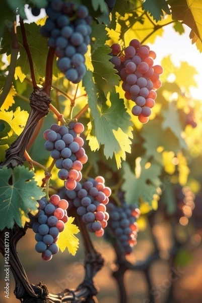 Fototapeta Sun-drenched grape vine with green leaves and bunches of grapes captured in macro to highlight natural textures and light