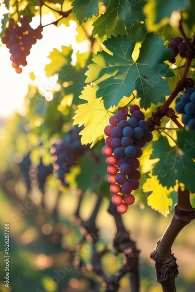 Fototapeta Detailed nature photograph showing a grape vine with sprawling branches and ripened fruit bathed in golden daylight