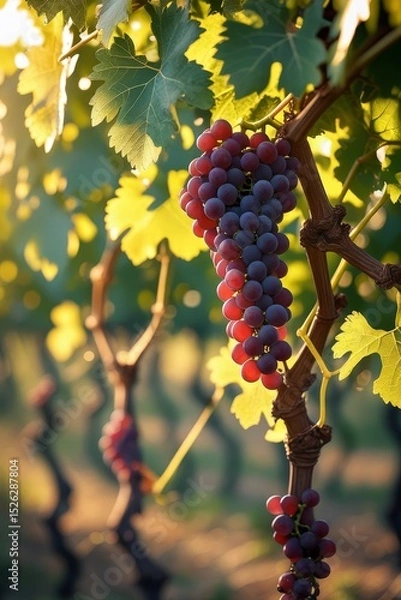 Fototapeta Close-up of a grapevine with lush green leaves and ripe grape clusters under softly filtered sunlight creating a warm golden glow
