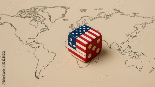 Fototapeta US flag on dice placed over world map symbolizing global geopolitics trade strategy import tariffs and international economic relations
