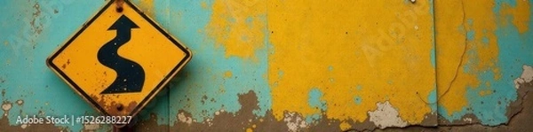 Obraz Faded yellow road sign, weathered, on rusty black pole , traffic, worn, path