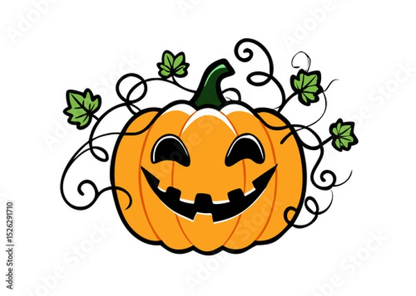 Obraz Happy pumpkin with vines and leaves creates a festive autumn atmosphere for Halloween celebrations and activities at local events