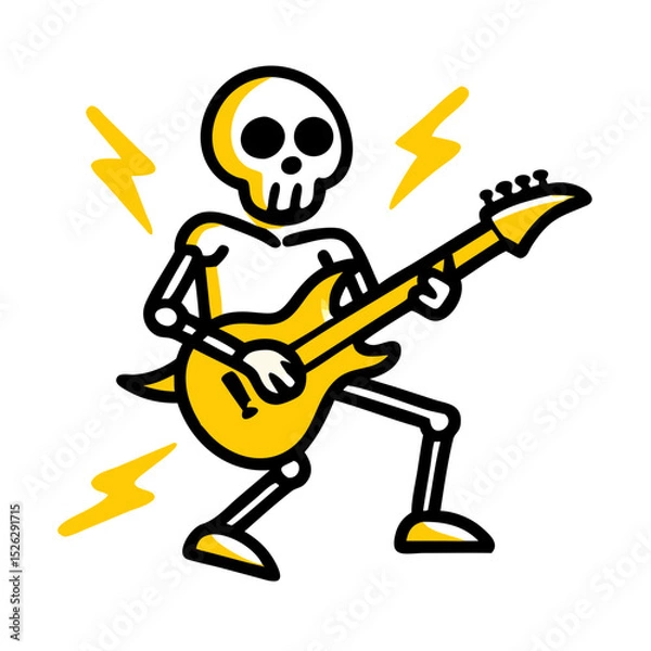 Obraz Colorful skeleton rocking out with electric guitar and lightning bolts in a lively music scene