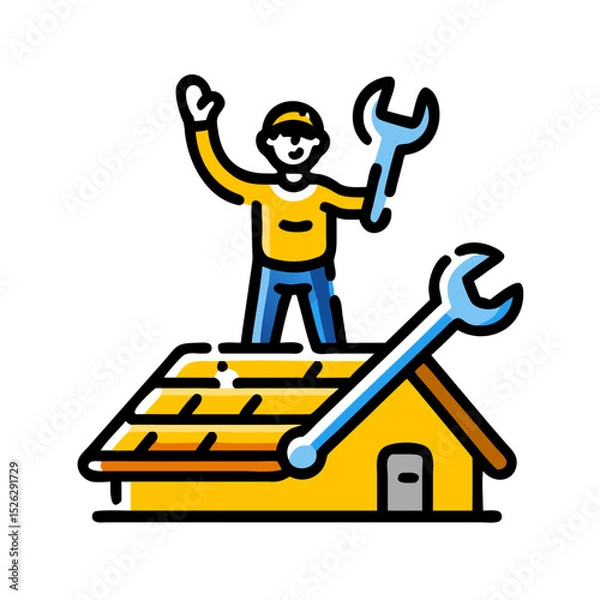 Obraz Roof technician installs solar panels and repairs rooftop structure during sunny day at residential location