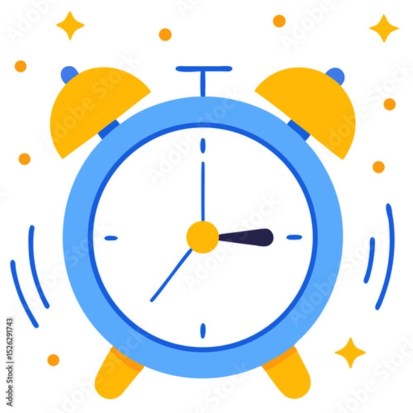 Fototapeta Colorful alarm clock indicating time with bells ringing and sparkles around it to signify urgency and attention during daytime