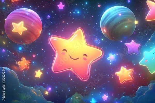Fototapeta Adorable kawaii smiling star floating in a dreamy galaxy with colorful planets and smaller stars, creating a whimsical and joyful cosmic scene