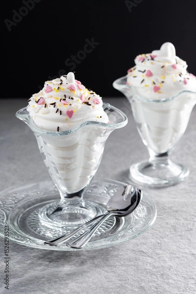 Fototapeta Whipped Cream Delight with Sprinkles on gray stone background
