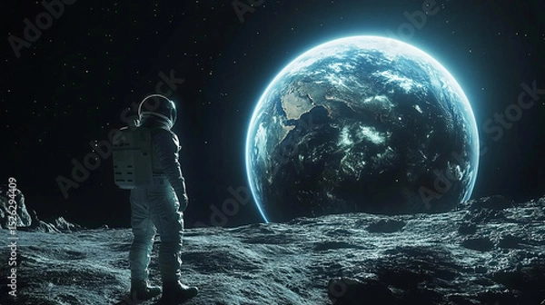 Obraz An Astronaut standing on the moon looking at a large earth like planet