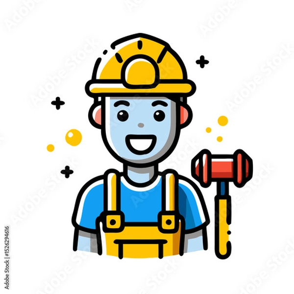 Fototapeta Construction worker smiling with hard hat and hammer in vibrant illustration showing the spirit of teamwork and safety