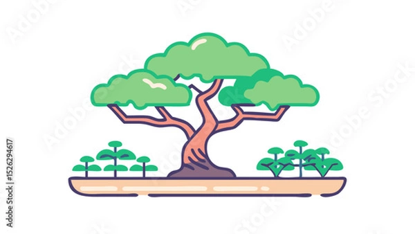 Fototapeta Creative illustration of a vibrant tree surrounded by young plants in a serene landscape setting