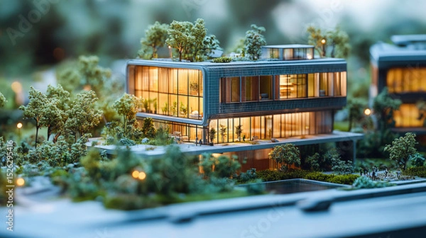 Obraz Architecture, planning and environment with model of building for construction, sustainability and futuristic. Ai generated, idea and eco friendly with design for carbon footprint, ecology and plant