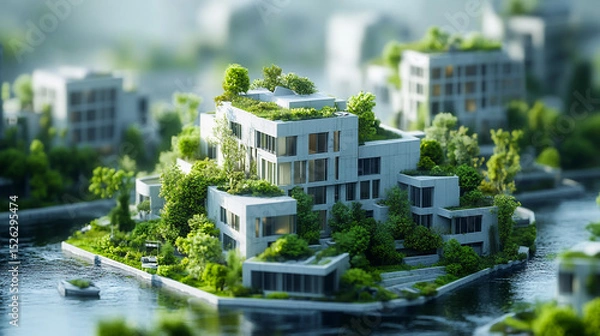 Obraz Architecture, planning and environment with model of building for construction, sustainability and futuristic. Ai generated, idea and eco friendly with design for carbon footprint, ecology and plant