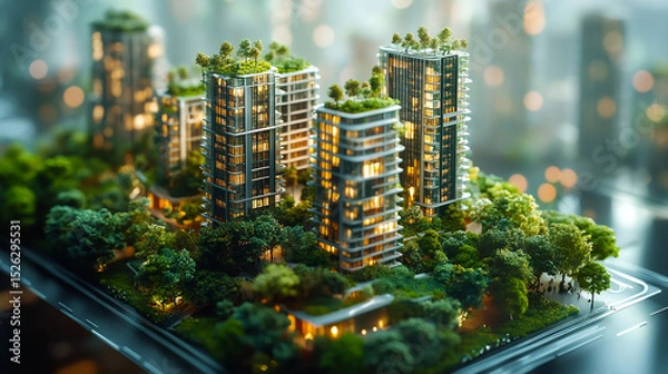 Obraz Architecture, planning and environment with model of building for construction, sustainability and futuristic. Ai generated, idea and eco friendly with design for carbon footprint, ecology and plant