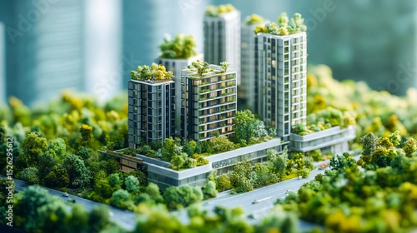 Obraz Architecture, planning and environment with model of building for construction, sustainability and futuristic. Ai generated, idea and eco friendly with design for carbon footprint, ecology and plant