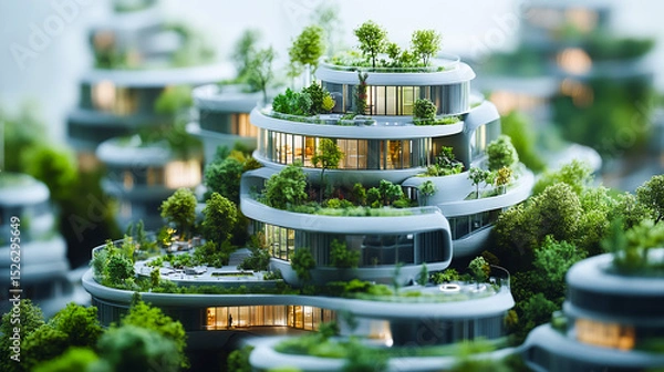 Obraz Architecture, planning and environment with model of building for construction, sustainability and futuristic. Ai generated, idea and eco friendly with design for carbon footprint, ecology and plant