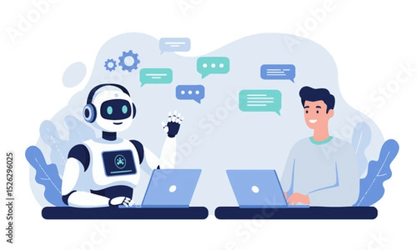 Fototapeta Human-Robot Collaboration in Customer Service. Humanoid robot and man on laptops with chat bubbles: human-AI collaboration in customer service.