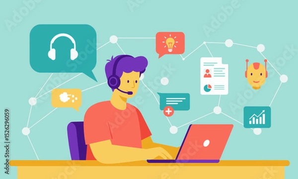 Fototapeta Comprehensive Customer Support and AI Integration. Male customer support agent with headset and laptop, surrounded by communication and AI icons: comprehensive, modern customer service.