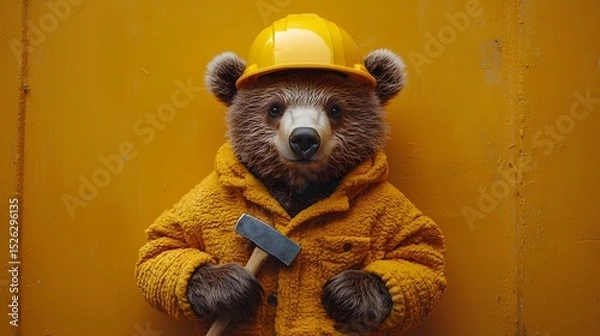 Fototapeta A bear in a construction worker s uniform holding a hammer and wearing a yellow hard hat