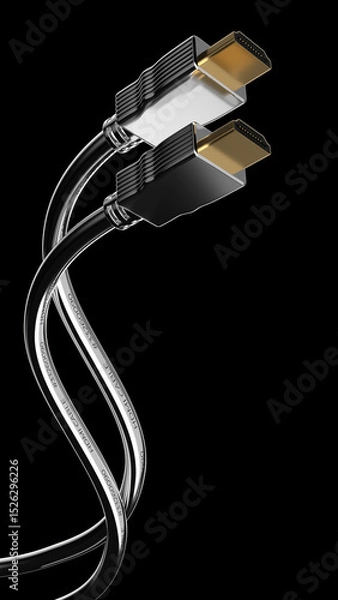 Fototapeta Metallic HDMI cable banner. Wavy metal HDMI plug  isolated 3D rendering