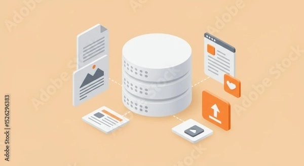 Fototapeta Isometric view of a data server with floating document and media icons
