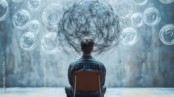 Obraz Being different from other. Young people sitting on chair with clear circles and man with tangled thoughts above. Contemporary art. Psychology, inner world, mental health. Conceptual design