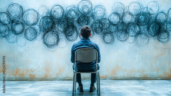 Obraz Being different from other. Young people sitting on chair with clear circles and man with tangled thoughts above. Contemporary art. Psychology, inner world, mental health. Conceptual design