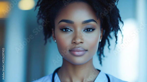 Obraz Black woman, nurse and face in hospital with trust, confidence and serious in medical clinic for professional about us. African portrait, ai generated and healthcare worker working late at night