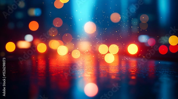 Obraz Abstract bokeh, building and blurred architecture background for design, finance and financial business center. Colorful, urban city and glow reflection mockup for investment, economy and wallpaper