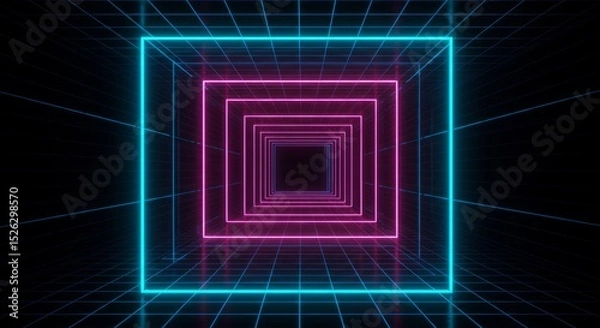 Fototapeta Neon tunnel with glowing squares